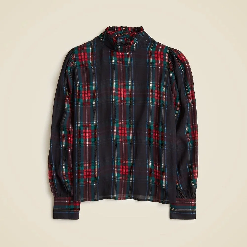 NWT! J. CREW Ruffleneck Top Stewart Tartan Plaid Chiffon Festive Preppy XX-Small